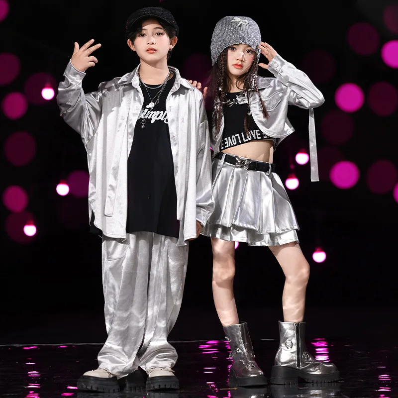 Children Jazz Dance Costume Girl Kpop Hip Hop Stage Costume Silver Oversize Shirt Skirt Pants Boy Fashion Street Dance Wear 2417