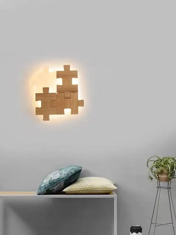 Building block wall lamp bedroom bedside light modern simple entryway aisle light creative walnut wood personality LED light