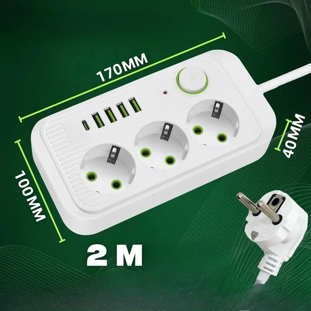EU Power Strip Socket with USB Type-c Extension Sockets 220V KR Europe Plug Electric AC Outlets Board 200cm Cable White Black