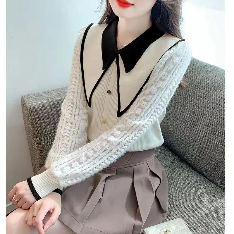 Women Korean Fashion Patchwork Sweet Elegant Knitwears Retro Lace Long Sleeve Slim Chic Pullover Knit Tops Female Clothing 2024