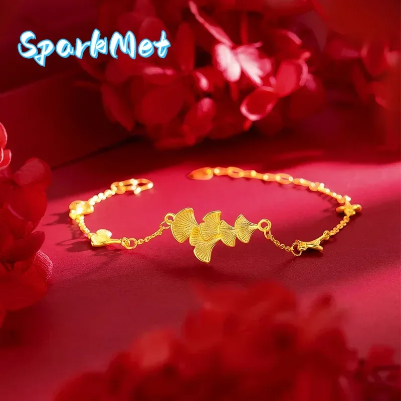 

Christmas 24K Yellow Gold Ginkgo Leaf Bracelet, 9999 Real Gold New Light Luxury Wrist Chain for Women Fashion Wedding Party Char