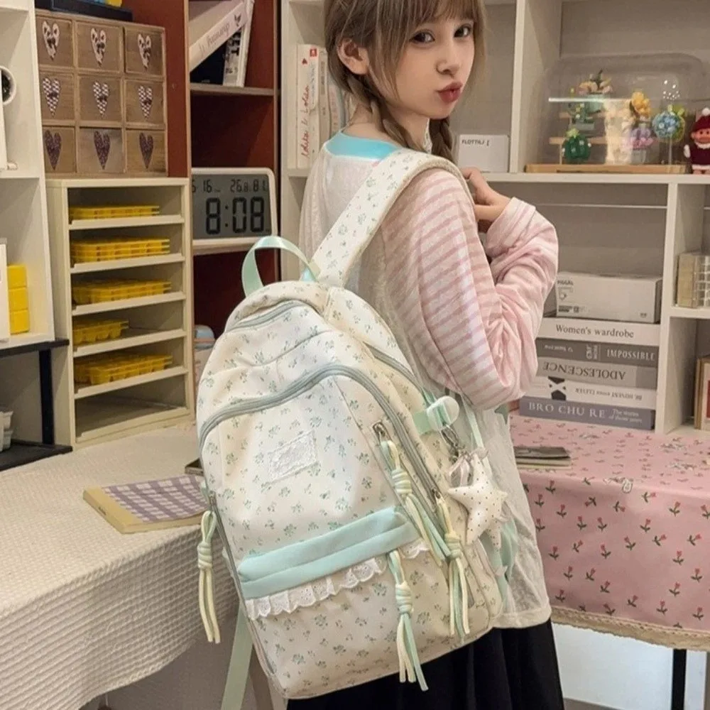 Lace Decor Floral Print Backpack Large Capacity Ultra Lightweight Bookbag Star Pendant Fresh Aesthetic Daypack Back To School