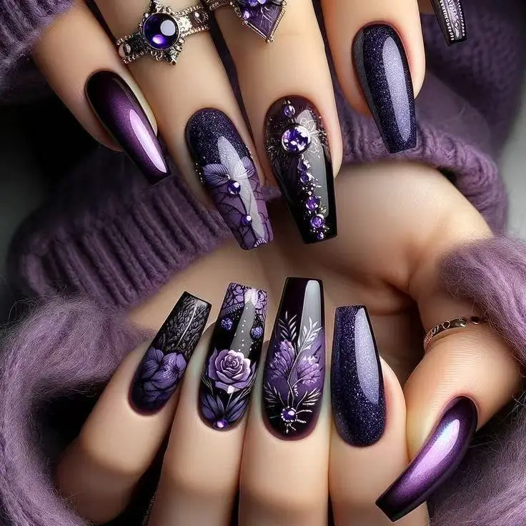 24 faux ongles longs style ballerine, motifs floraux mystérieux, dégradé, pour nail art, motif rose violette rêveuse, fournitures pour ongles