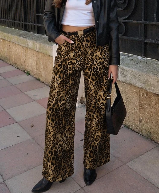 Fashionable Retro Spicy Girl Loose High Waisted Leopard Print Casual Pants Summer Leopard Print Straight Leg Pants for Women