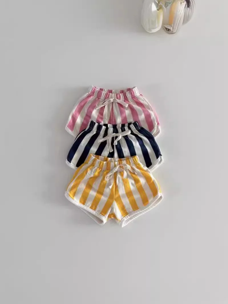 2024 Summer New Baby Cotton Shorts Candy Color Infant Boy Girl Striped Beach Shorts Toddler Casual Versatile Holiday Clothes