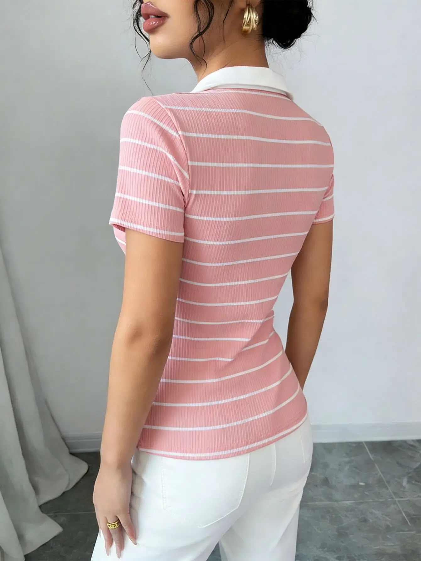 Pink Fashion Turn-down Collar Short Sleeve Top Minimalist Women Summer Contrast Color Stripe Casual Loose Knit T-shirt Hot Sales