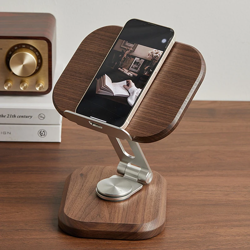 360° Rotating Black Walnut Phone Stand Solid Wood Adjustable Folding Tablet Holder Desktop Decoration