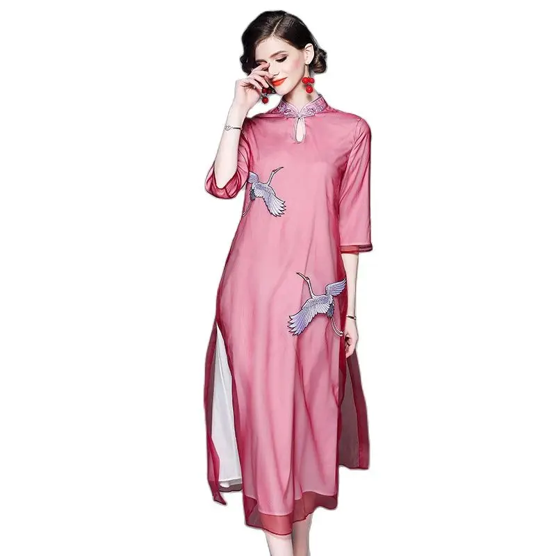 2023 early spring new Chinese style organza crane crane embroidery retro improved cheongsam dress in the long dresses