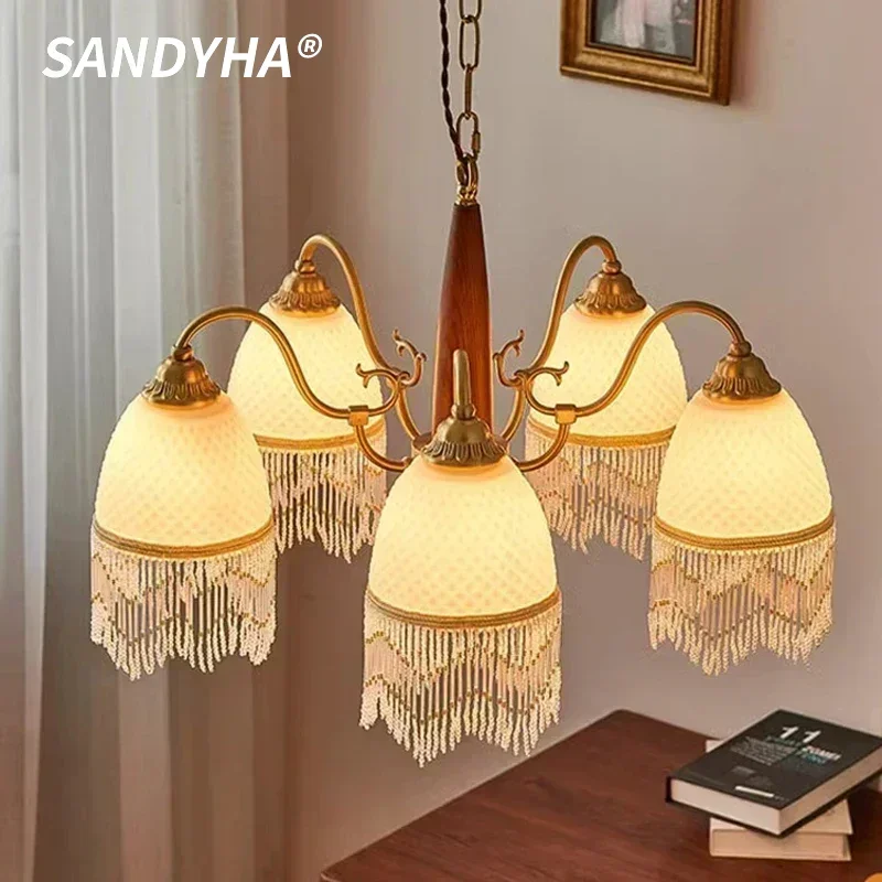 SANDYHA All Copper Grid Tassel Chandelier Walnut Wood LED Lights Parlor Bedroom Dining Table Lighting Home Decoration