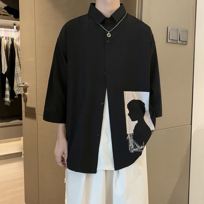 

Loose Men's Short Sleeve Shirt Summer Fashion Print Casual Style Seven Sleeve Loose Fit Trendy Streetwear Shirt for Youth