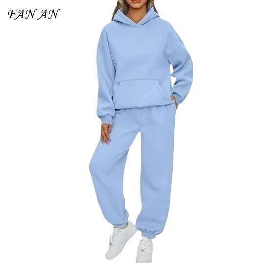 

Autumn and Winter New Women's Sports Two-piece Suit Casual Fashion with Pockets and Fleece Hoodie Sweatsuit Trouser Suit Women