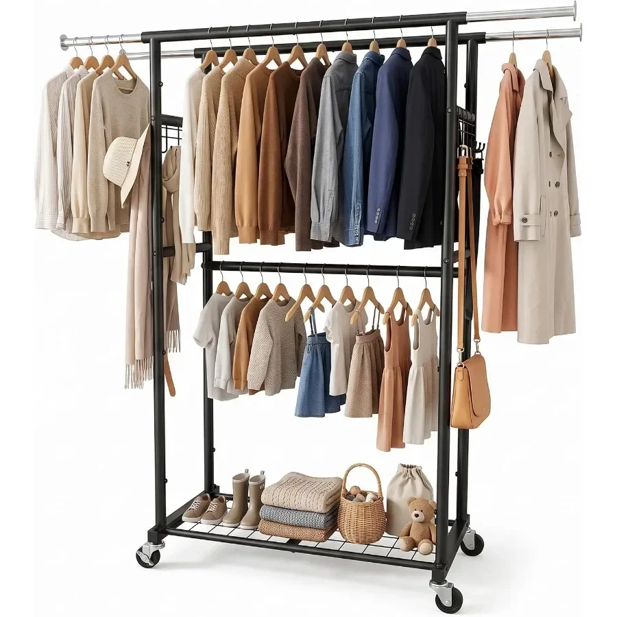 Clothing Rack, Rolling Clothes Rack for Hanging Clothes, Heavy Duty Garment Rack, Load 650 LBS, Extendable, Wardrobe Rack with