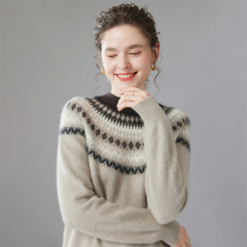 35% kasjmier Fair Isle trui, verdikte damestrui met ronde hals, havermout/rood