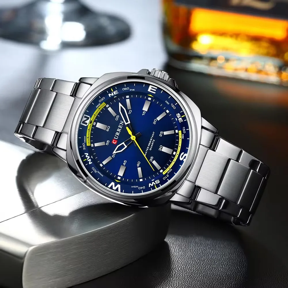 CURREN 8455 jam tangan kuarsa untuk pria, arloji Dial besar tali baja tahan karat tahan air kasual bisnis elegan untuk pria reloj hombre