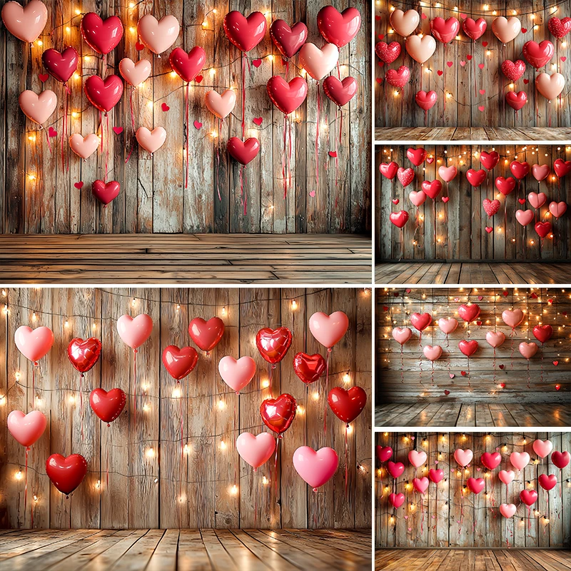 

LS Rustic Wood Valentine's Day Backdrop Brown Light Bulb Red Love Heart Wedding Photography Background Photo Booth Prop Studio