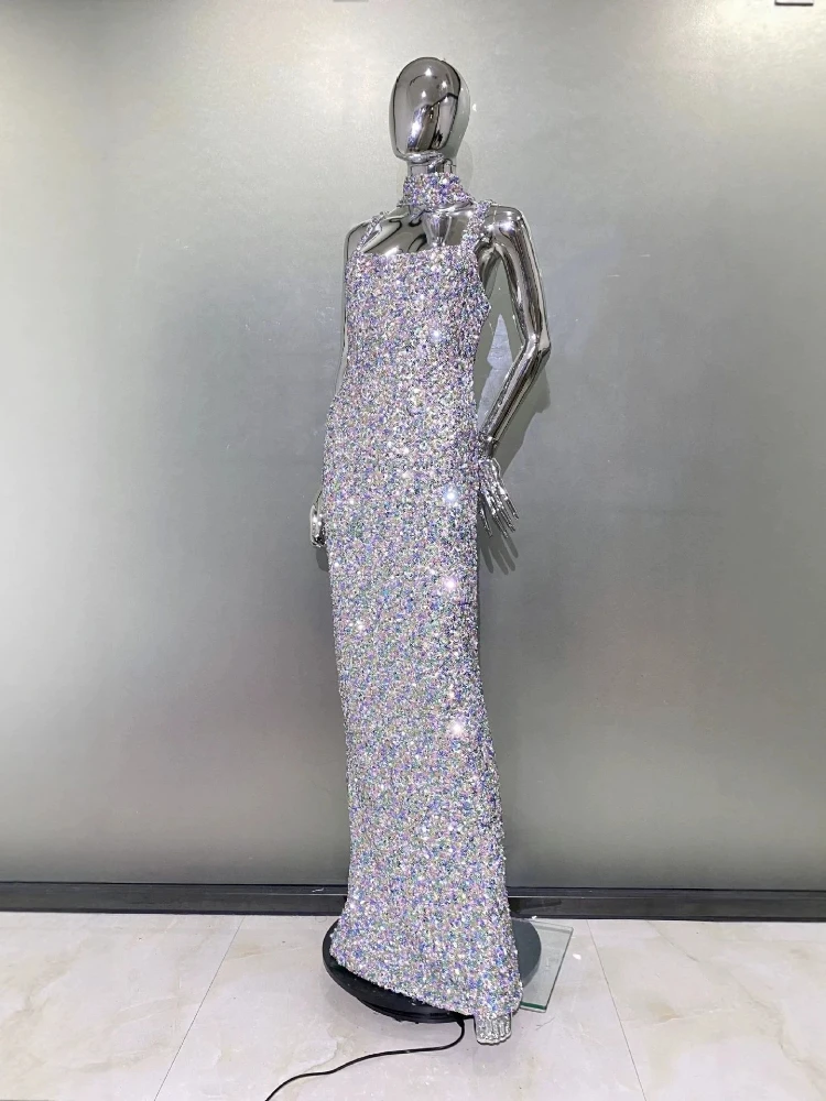 Elegant Luxury Gradient Silver Sequin Party Dress Square Neck Sleeveless Straps Dresses Celebration Birthday Evening Prom Gowns