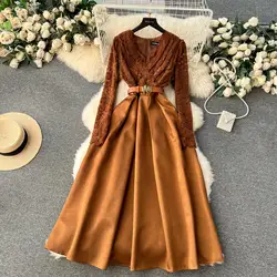 Runway Luxury Embroidery Lace Patchwork Midi Dresses For Women's Elegant V-Neck Hollow-Out Long Sleeve Brown Black Dress