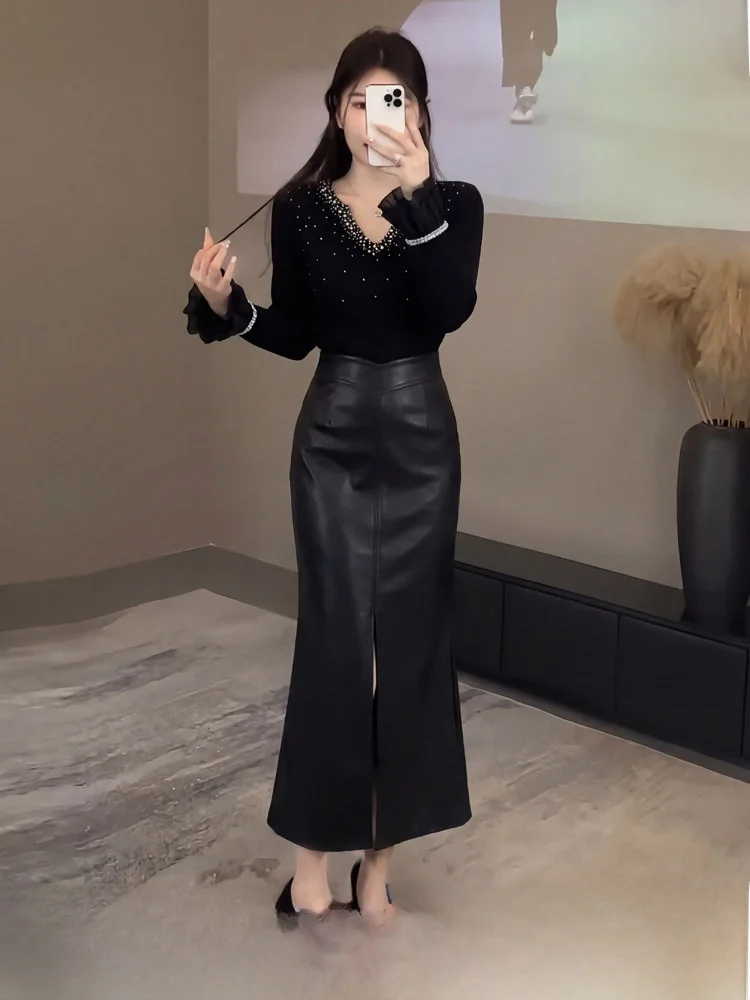 

Winter Heavy Work Rhinestone Knitted Base irt Micro plus Size MM Leather Skirt Ele Set Women's Faion plus Size Ensemble