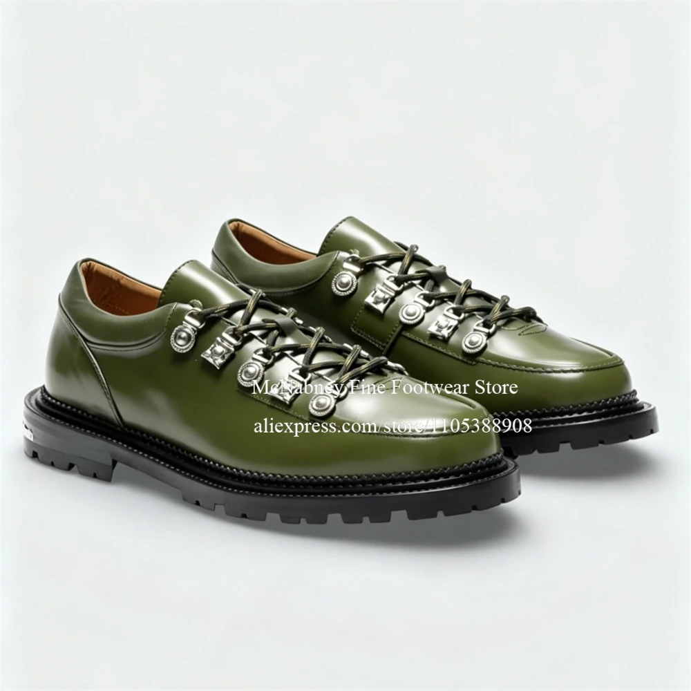 

Green Leather Lace-Up Formal Shoes for Men Metal Eyelet Cross Strap Derby Shoes for Men Thick Sole Round Toe Men Casual Shoes