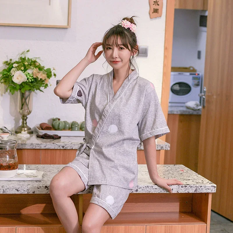 النمط الياباني يوكاتا للكبار زوجين ملابس امرأة كيمونو القطن قصير الخامس الرقبة رجل جينبي منامة ملابس خاصة مجموعة MN11
