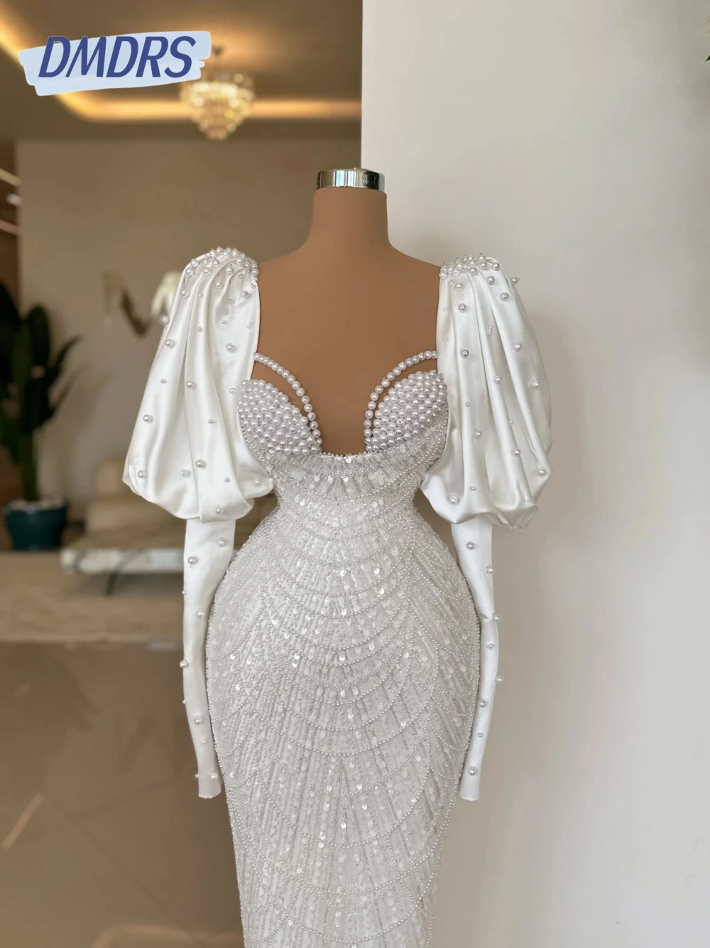 

Glamorous Sweetheart Neck Elegant Wedding Dress Customized Charming Sequins Pearls Satin Romantic Women Puff Sleeves Bride Wear