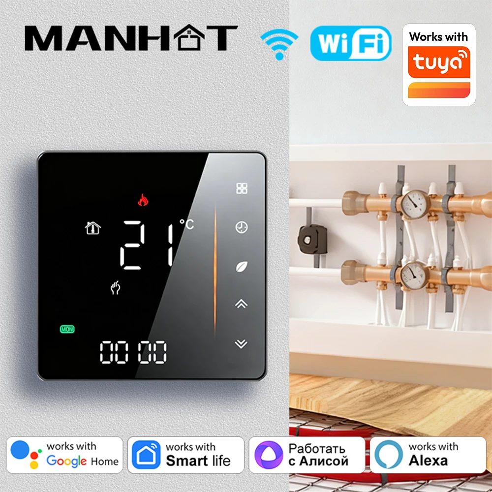 MANHOT WiFi Smart Thermostat Electric Floor Water/Gas Boiler Heating Voice/Remote Control Work with Tuya APP Alexa Google Home