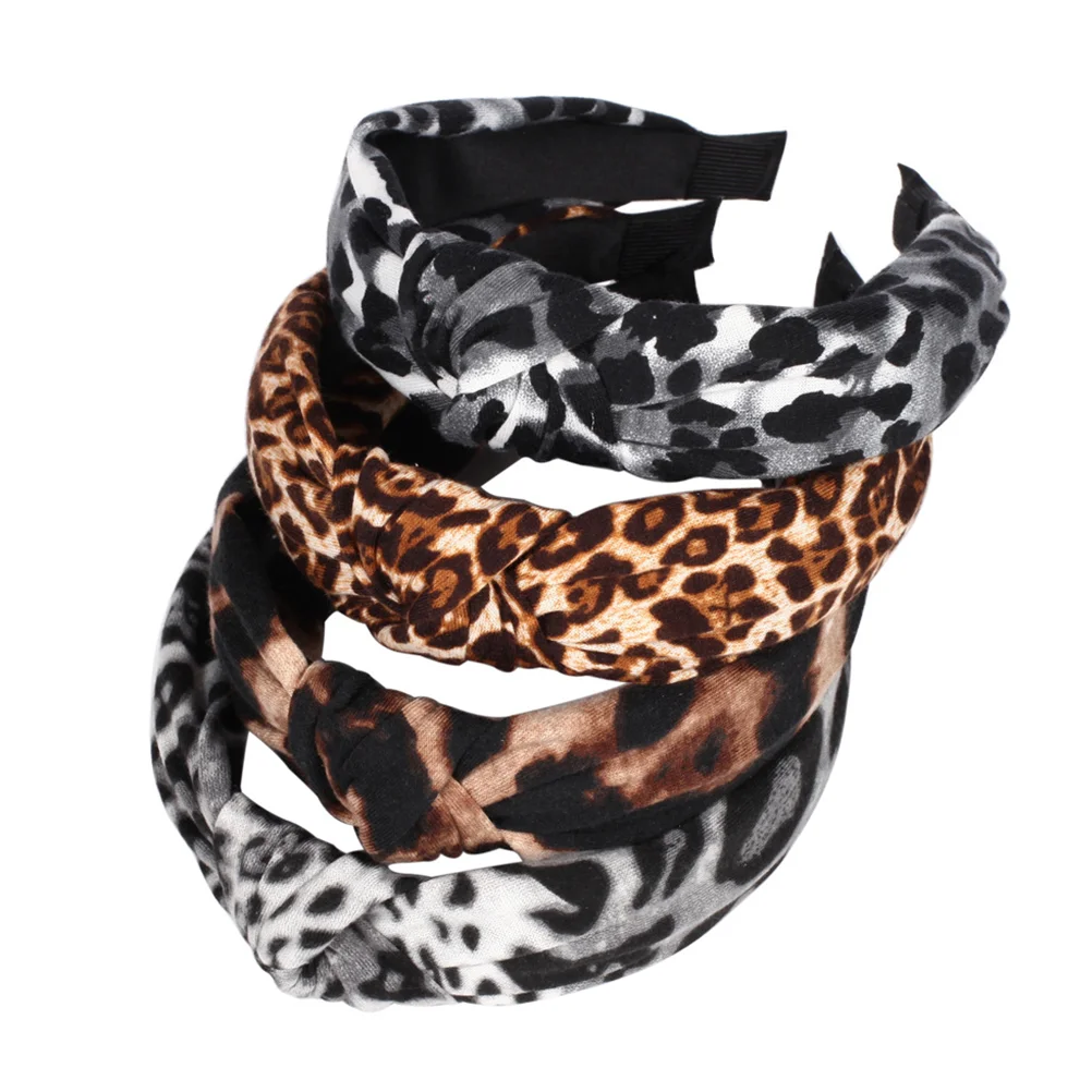 4 Pcs Leopard Print Headband Temperament Ladies Wide-brimmed Cross-knotted Fabric Adult Hair Accessories Chic