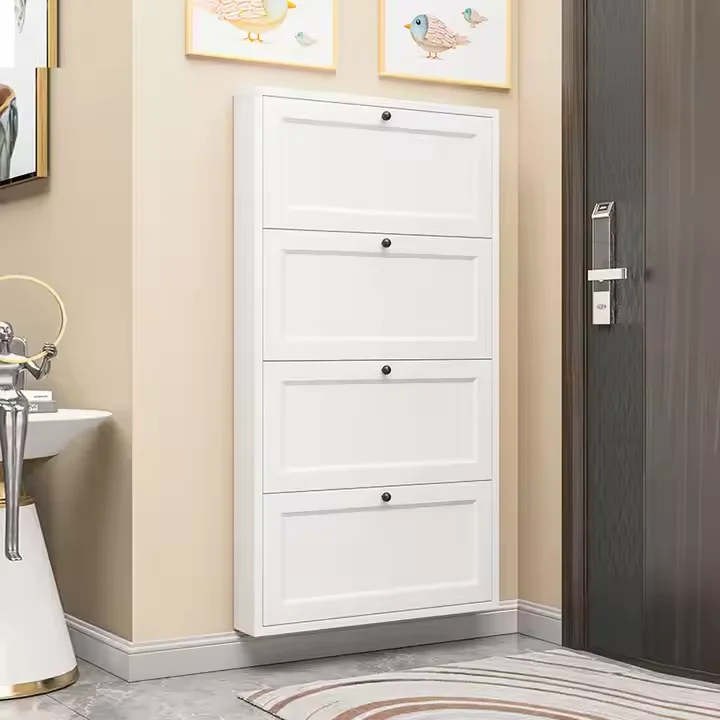 خزانة أحذية بيضاء رفيعة مثبتة على الحائط مع مساحة تخزين متعددة الطبقات لمنظم الأحذية الحديث لتوفير مساحة المدخل والممر #3