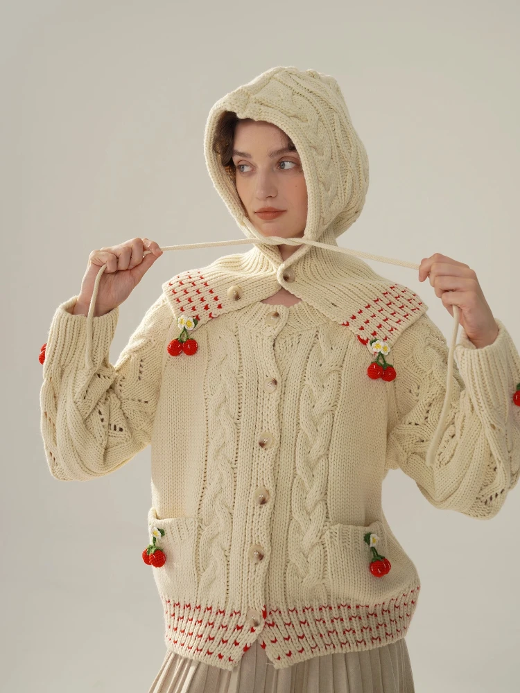 

112cm Bust Fall Winter Cardigans Sweaters Women Elegant Loose Handmade 3D Red Fruits Thick Warm Wool Hooded Knitted Sweaters