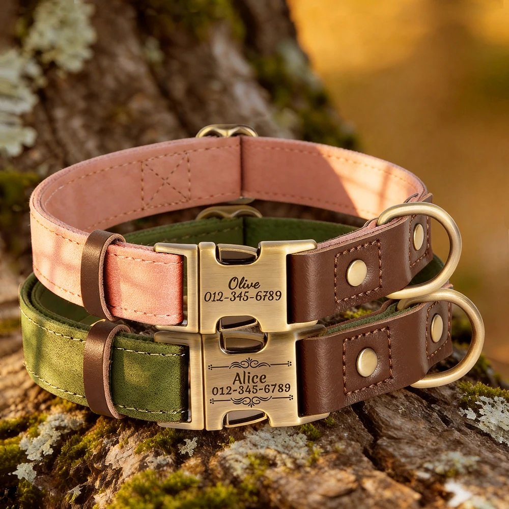 9 Colors Retro Custom PU Leather Dog Collars Personalized Pet ID Name Phone Brass Metal Buckle Engraved for Small Large Dogs