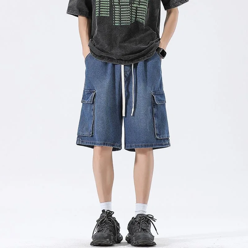 شورت جينز متعدد الجيوب بخمس نقاط للرجال فضفاض كبير الحجم مقصوص مقاس كبير شورت صيفي رفيع ملابس الشارع الشهير للرجال #4