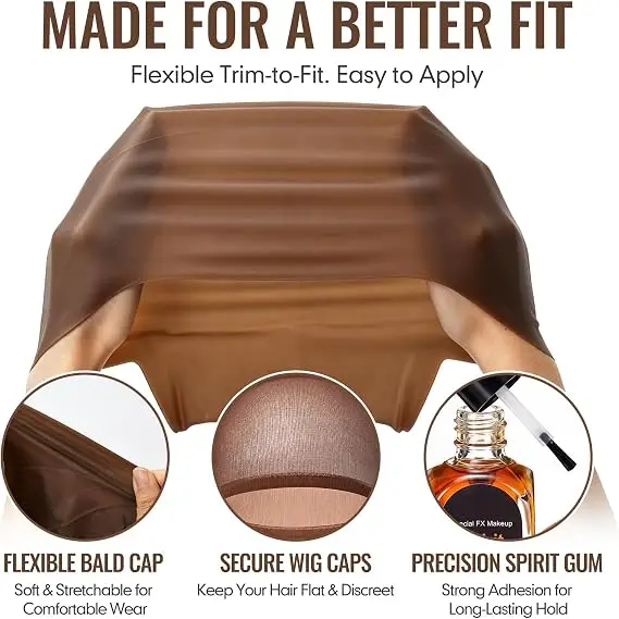 Hochwertiges Glatzkopf-Set für Erwachsene, Perückenkappen-Set, Halloween-Kostüm, Anpassbare Latex-Glatzkopfkappe mit Kleber und Schere – Detail 3