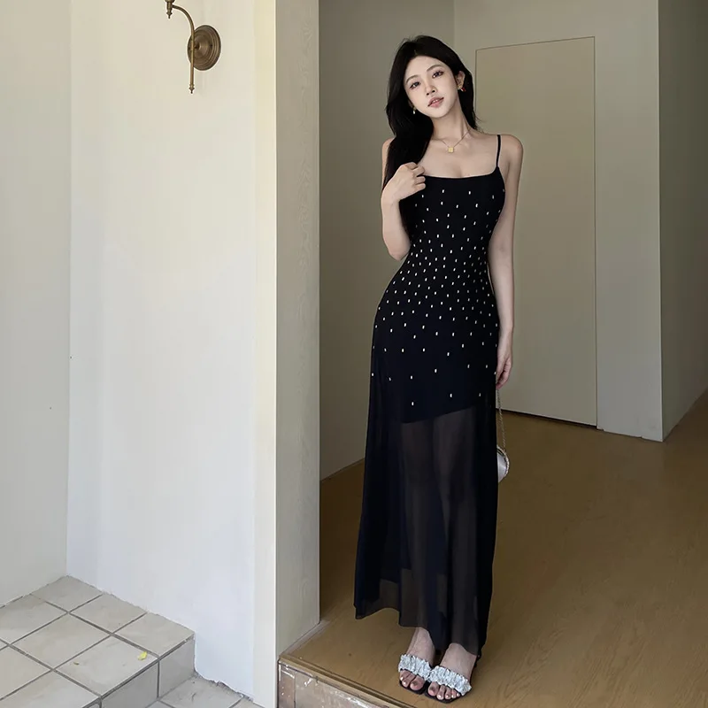 Femme strass Camisole robe 2025 été coupe ajustée fête noir voir à travers maille longues robes robes Elegantes Feminino