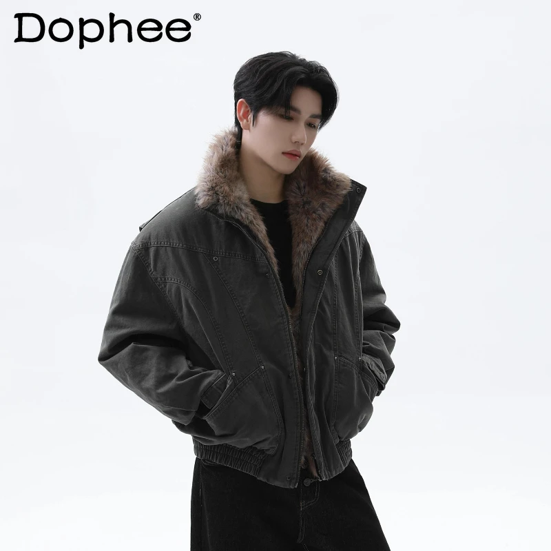 

Men's 2025 Winter New Thickened Warm Parkas Retro Detachable Faux Fur Collar Denim Parkas Trendy Male Handsome Solid Color Coats