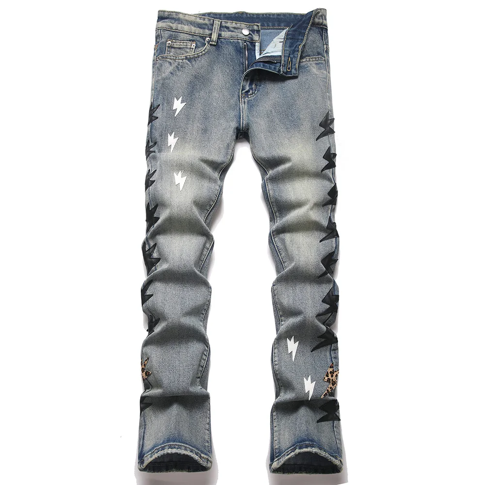 Men's Lightning Patch Boot Cut Jeans Vintage Retro Blue Slim Flared Pants Streetwear Trousers