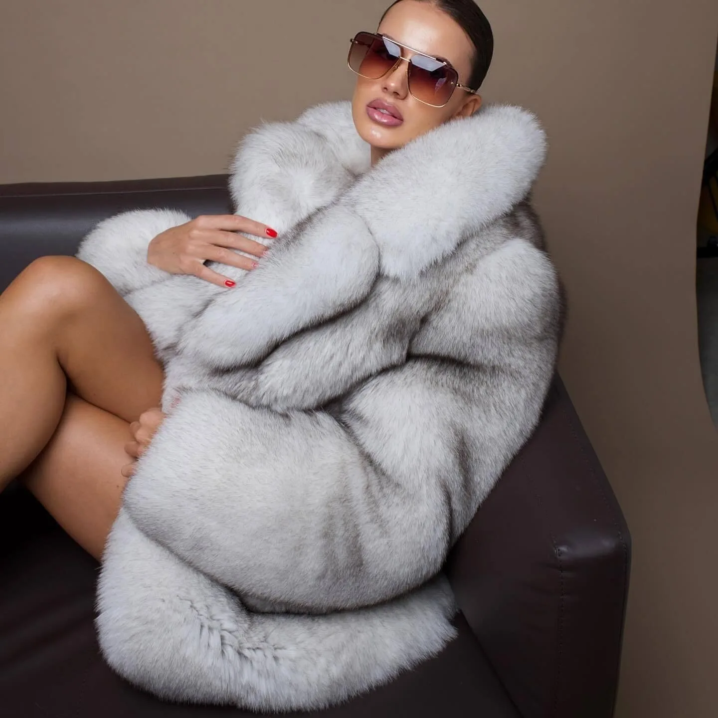 Women Real Blue Fox Fur Coat Natural Full Pelt Lapel Jacket Winter Long Overcoat warmth fluffy authentic genuine fur coats