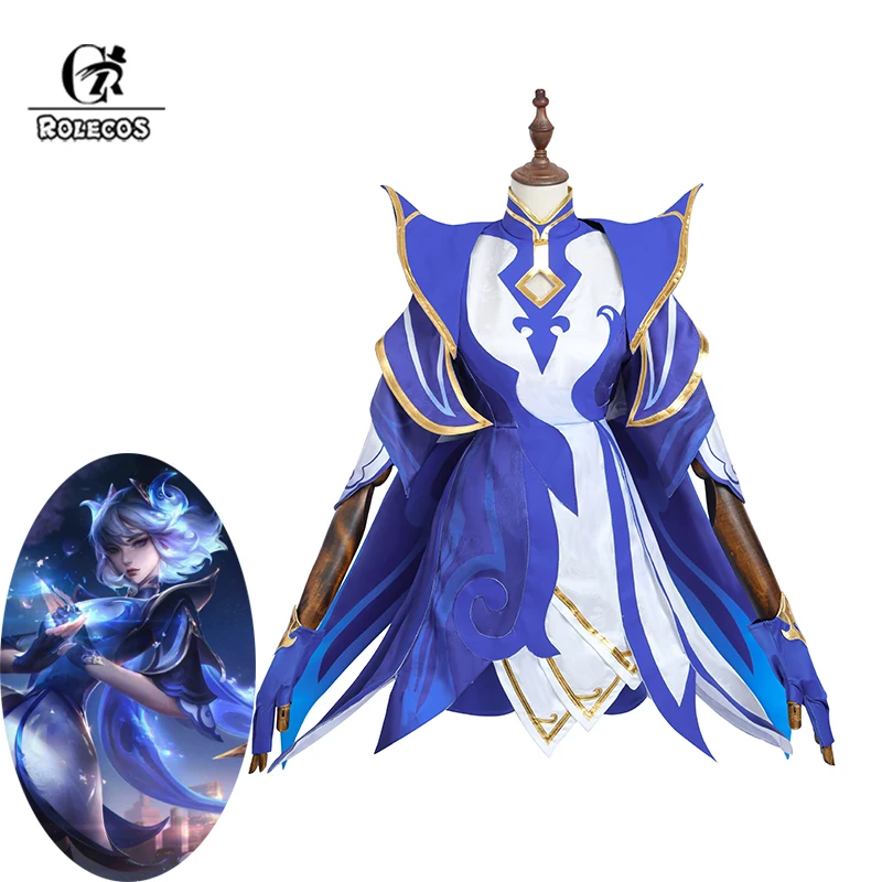 ROLECOS Game LOL Celadon Irelia Cosplay Costume New Skin Irelia Women Cosplay Costume Halloween Blue White Dress Full Set