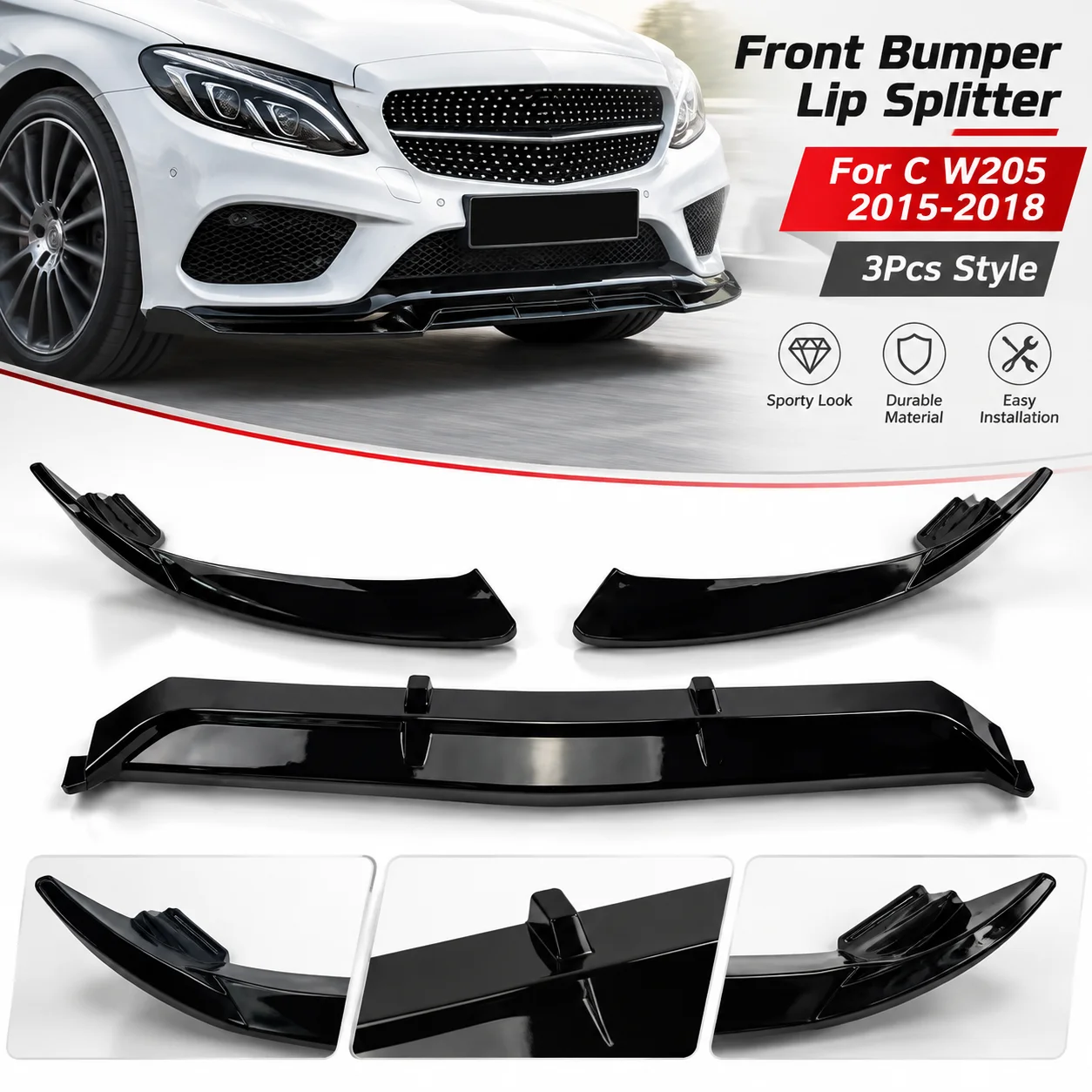 Frontstoßstangenlippe Splitter für Mercedes Benz C W205 2015-2018 Frontschutz Frontstoßstangenlippe 3-teiliger Stil Auto Frontspoiler Karosserie-Kit