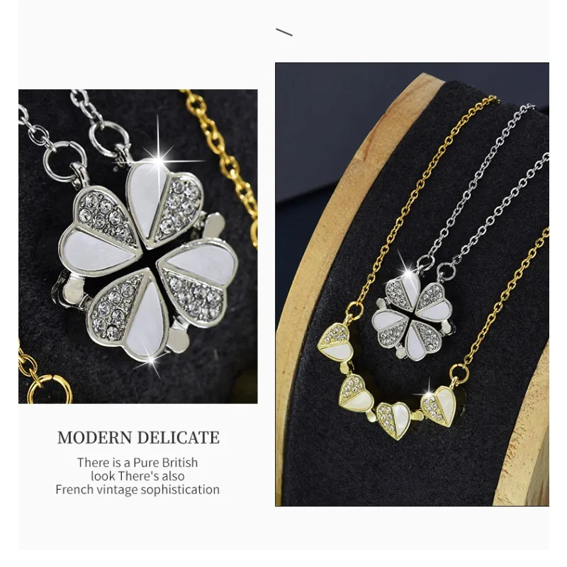 قلادة على شكل عظمة الترقوة نادرة قابلة للفصل على شكل قلب، قلادة برسيم متعددة الأغراض بأربع أوراق مزدوجة الارتداء