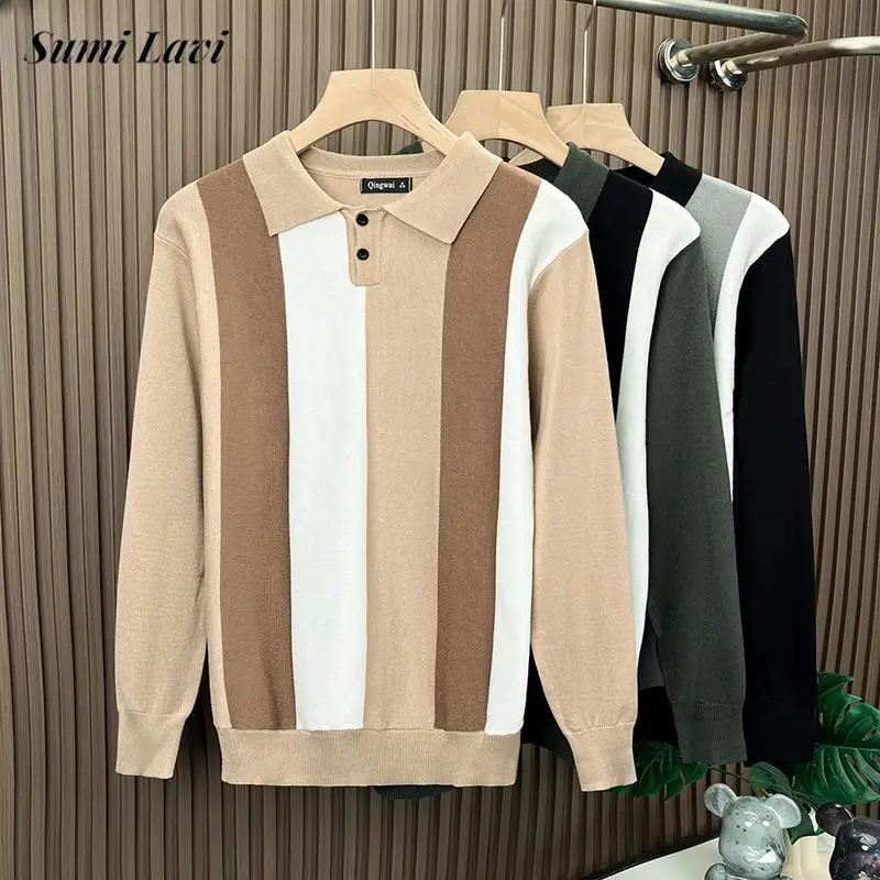 

2026 весна осень повседневная мужская вязаная рубашка поло уличная одежда винтажный свитер на пуговицах с лацканами поло мужские модные полосатые вязаные джемперы