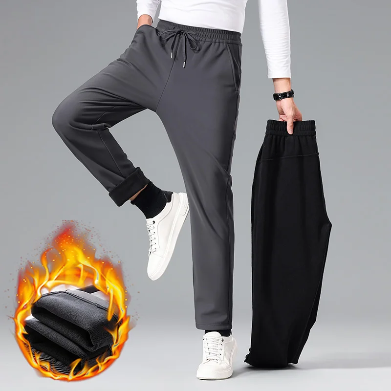 عالية الجودة الشتاء الصوف بناطيل تدفئة الرجال الرباط مرونة الخصر في الهواء الطلق الركض يتدفقون مستقيم أسود بناطيل كاجوال الذكور #2