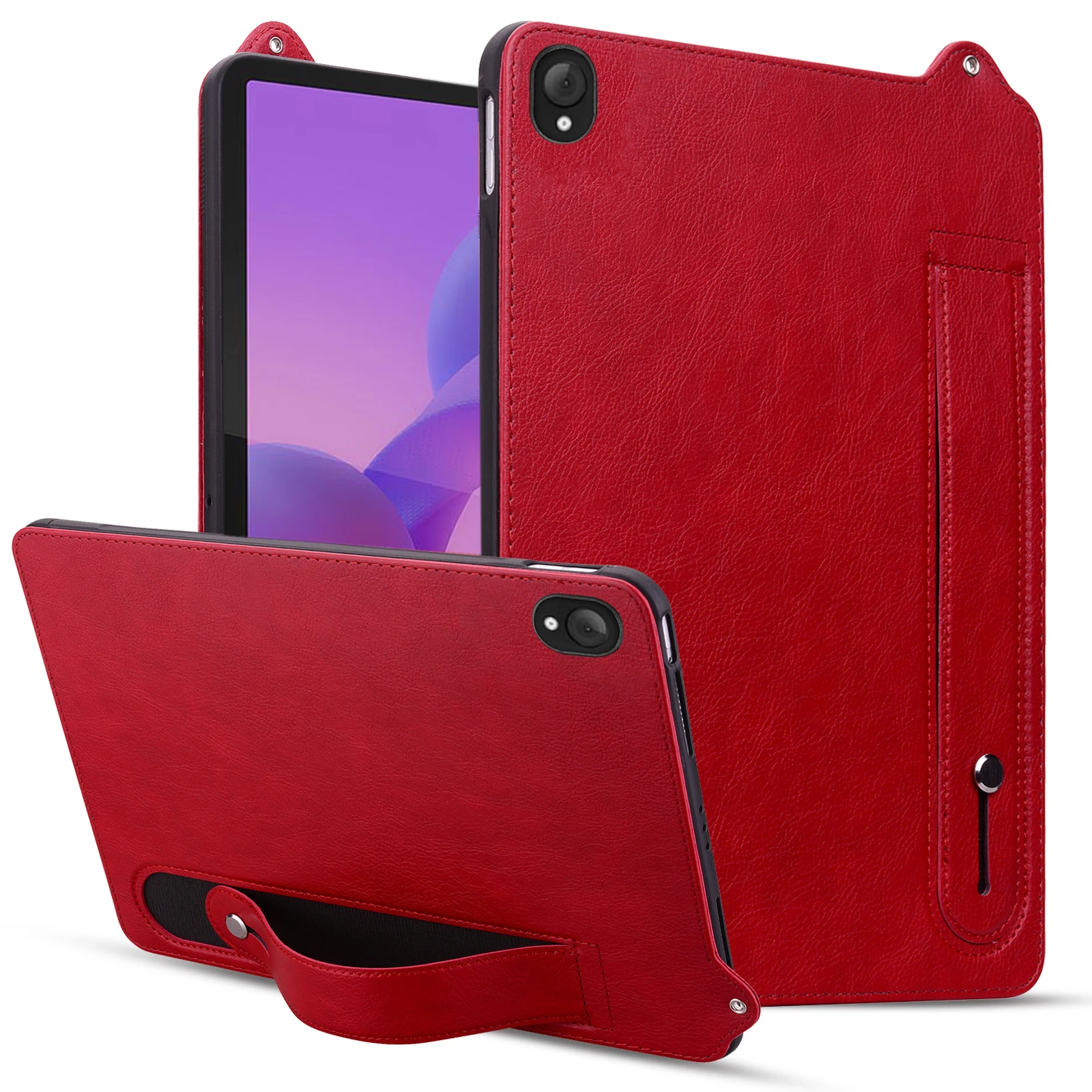 

For Lenovo Tab K10C / Tab E10C Case Hand Strap Kickstand Leather Tablet Cover - Red