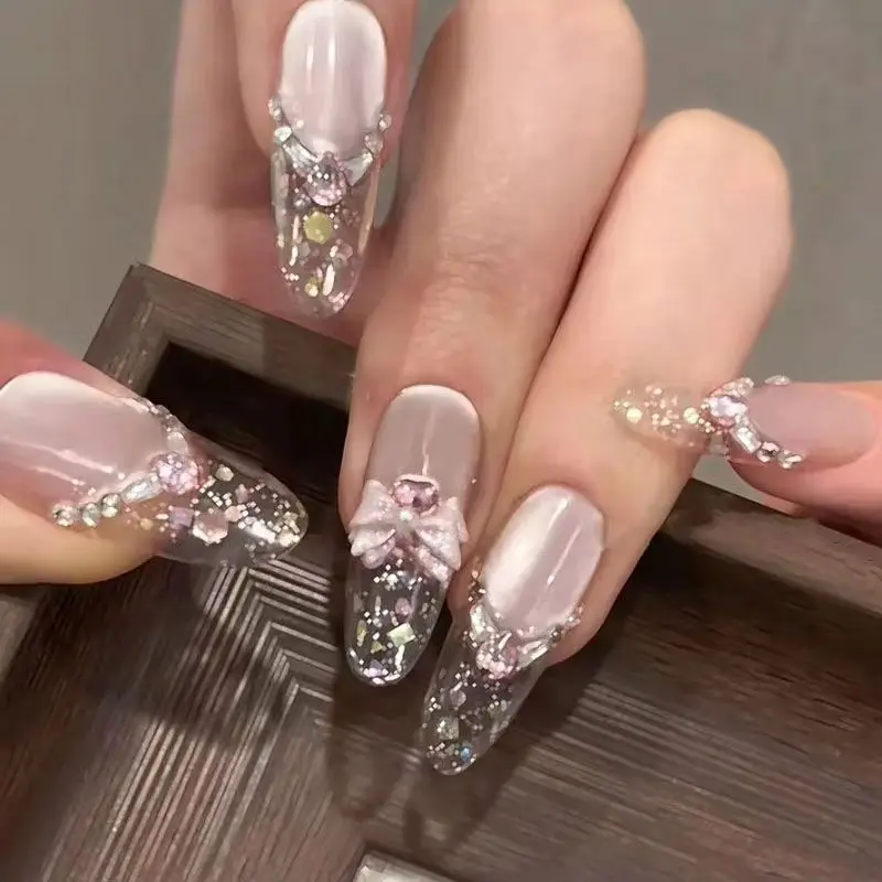 

New Sweet Delicate Removable Handmade Nail Tool Wear Nail Art Girl Fake Nails French Glitter Diamonds Patch Nail False Nail