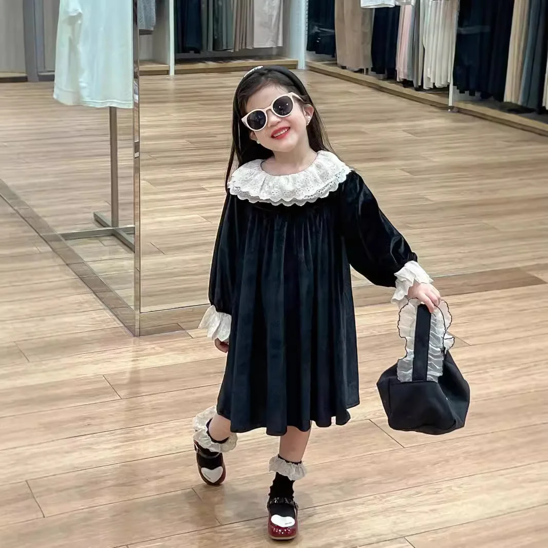 Girls Princess 24 Autumn Baby Girls Sweet Black Velvet Lace Lotus Leaf Collar Birthday Dress Toddler