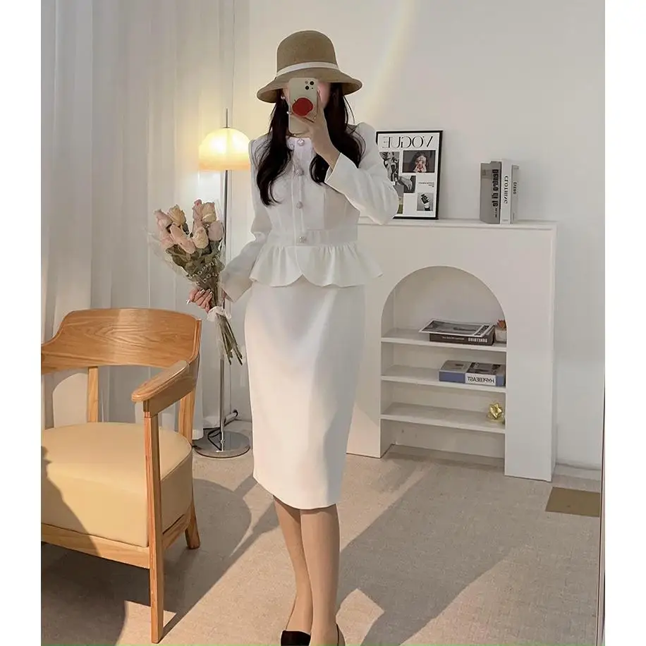 Ele High Waist Vine Fiber Long Sve round Ne Gown with Lace Trim High End Spring Collection Fake Two-Piece Dr