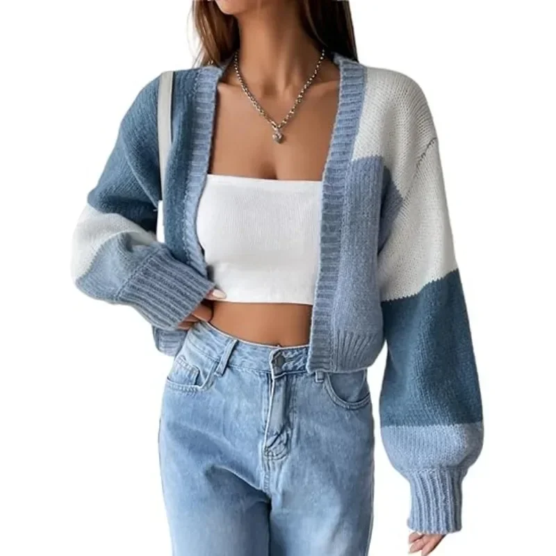 

Women's Color Block Cardigan Open Front Long Sleeve Knit Cropped Sweater Stylish Outwear Coat