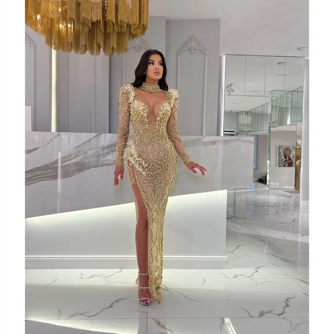 

Exquisite Mermaid Evening Dresses Long Sleeves V Neck Halter Sequins Appliques Beads Diamonds Side Slit Plus Size Prom Dresses