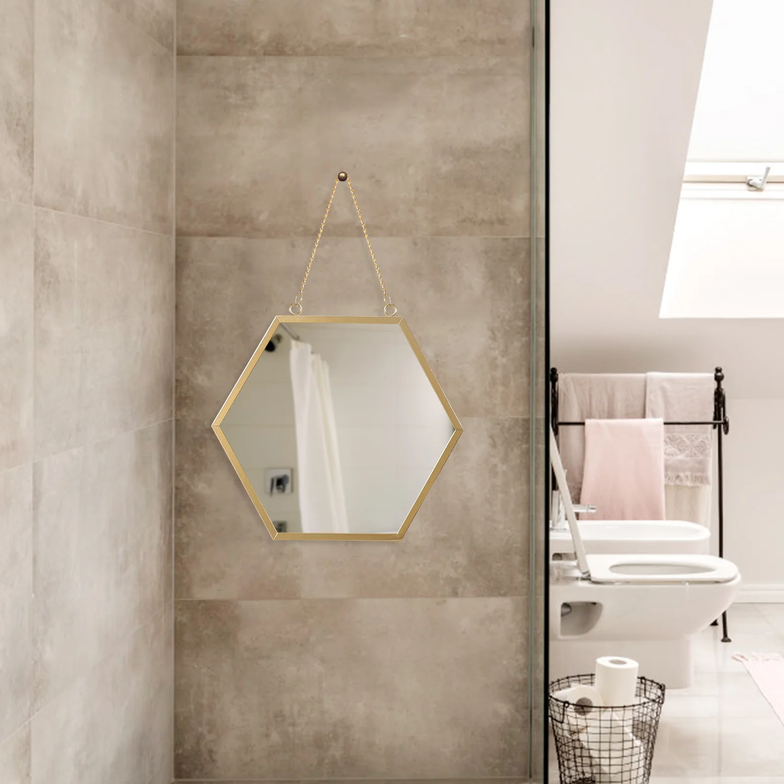 モダンな六角形の壁掛けミラー、鉄製フレームの装飾的な化粧鏡、バスルーム、寝室、リビングルーム用の小さな壁掛けミラー