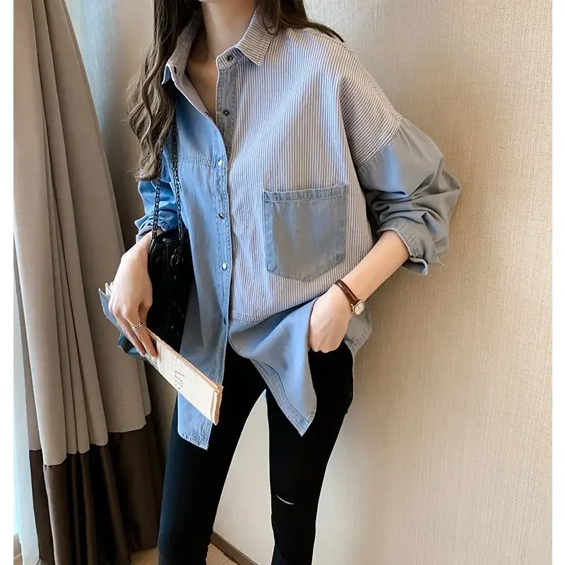 

Chic Patchwork Denim Shirt Women Blouses Long Sleeve Single-breasted Streetwear Casual Tops Loose Office Ladies Clothing Vintage