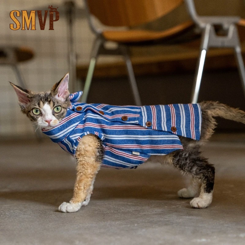 

Летняя тонкая рубашка для кошек и маленьких собак в корейском повседневном стиле, имитация джинсовой ткани, сине-красная полосатая, в клетку